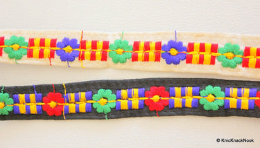 Black Fabric Trim With Green, Blue, Red And Orange Embroidery